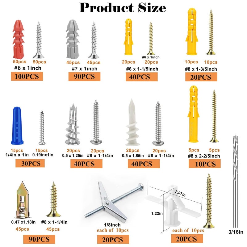 Sunxeke 501PCS Drywall Anchors and Toggle Bolts with Screws Kit, 250PCS Dry Wall Anchors and 250PCS Expansion Screws (2025 Upgraded),11 Sizes Sheetrock Anchors Screws Kit for Wall Art Decor - Image 2
